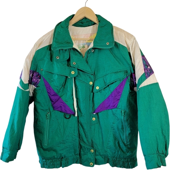 VTG FUDA Unisex Green Purple Color Block Bomber Jacket Sz M Outdoor Ski Full-Zip